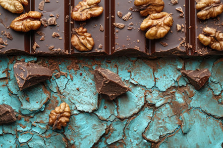 Chocolate glaze and Walnuts in the shell and without it lie on the surface. Background of fresh walnuts.の素材