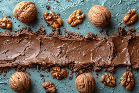 Chocolate glaze and Walnuts in the shell and without it lie on the surface. Background of fresh walnuts.の素材