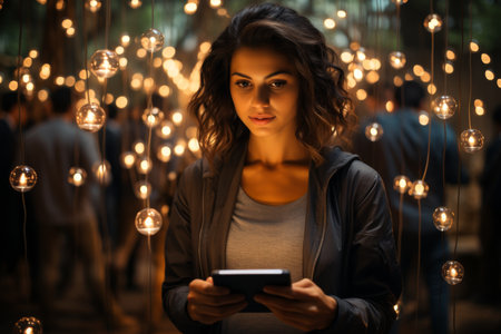 A girl at a tablet computer, on the street, at night in the city.の素材