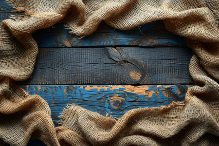 Wooden texture, covered with old blue paint and linen . Background.の素材
