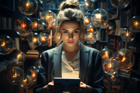 A girl at a tablet computer, on the street, at night in the city.の素材