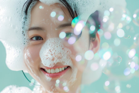 Asian girl's face in soap suds and bubbles on blue.の素材