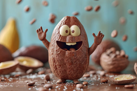The cute character of the cartoon smiling Cocoa bean waves his hands and greets. 3d illustration.の素材
