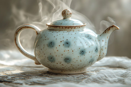 A beautiful teapot stands on the table in the interior. Making tea.の素材