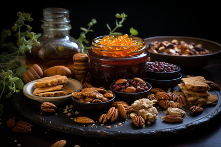 A wooden bowl with assorted nuts and honey on the table on a black background. Walnuts, pistachios, almonds, hazelnuts and cashews.の素材