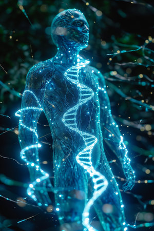 Strands of DNA enveloping a person. The Concept of Genetics. The illustration.の素材