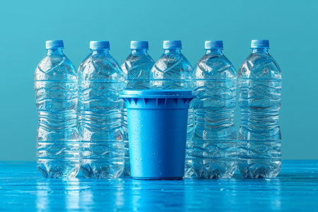 Lots of plastic bottles in a bucket on a blue background.の素材