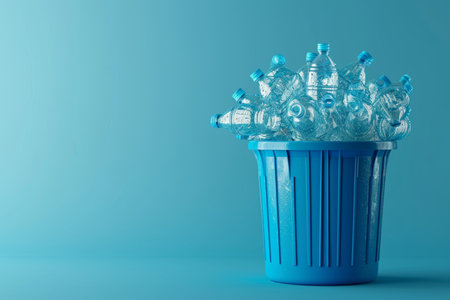 Lots of plastic bottles in a bucket on a blue background.の素材
