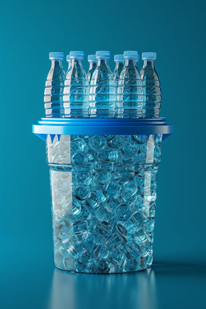 Lots of plastic bottles in a bucket on a blue background.の素材