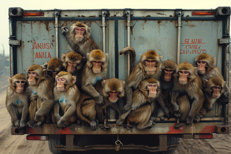 A lot of monkeys are transported in a truck.の素材