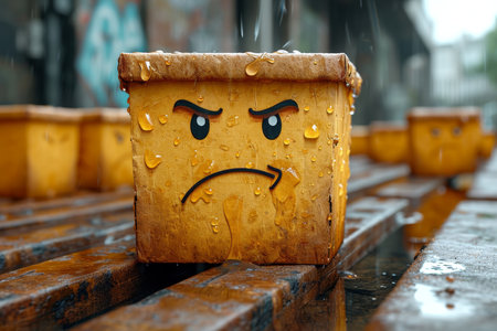 Disposable coffee cup with a sad face on an autumn background.の素材