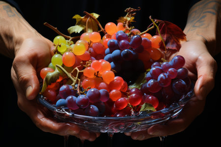 Colored Grapes in the hands on a black background.の素材
