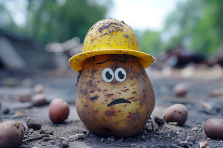 Potatoes in a yellow hat with a sad smiley face.の素材