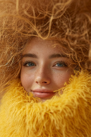 Portrait of a beautiful girl wrapped in warm fluffy yellow clothes.の素材