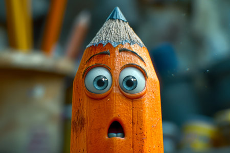 An animated pencil with eyes and mouth. 3d illustration.の素材