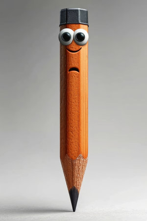 An animated pencil with eyes and mouth. 3d illustration.の素材