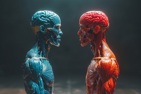 A three-dimensional image of two men in blue and red opposite each other. 3d illustration.の素材