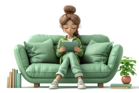 A girl with a tablet is sitting on a green sofa on a white background. 3d illustration.の素材
