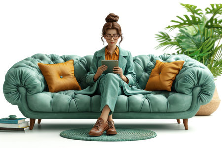 A girl with a tablet is sitting on a green sofa on a white background. 3d illustration.の素材