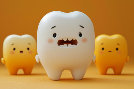 A cute and charming sad tooth character. a grim expression on his face. 3d illustration.の素材