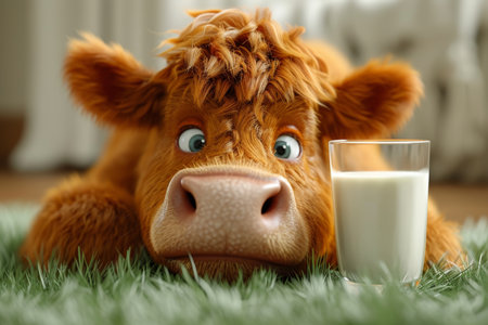 A cute cow lying down and a glass of milk next to it. 3d illustration.の素材