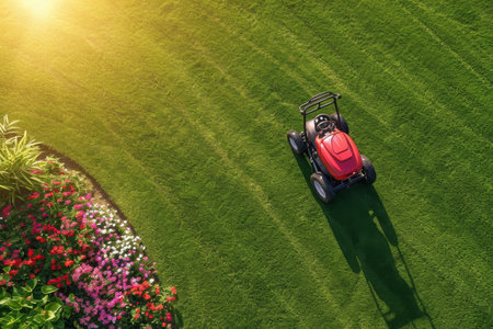 A gasoline lawn mower stands on the lawn near the house at sunset.の素材