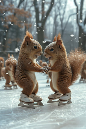 Two happy squirrels are skating in a winter lake in the forest. 3d illustration.の素材