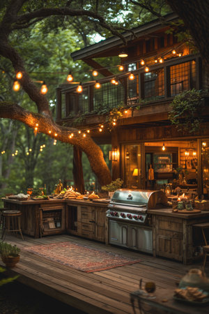 Luxury country house with evening lighting after sunset.の素材