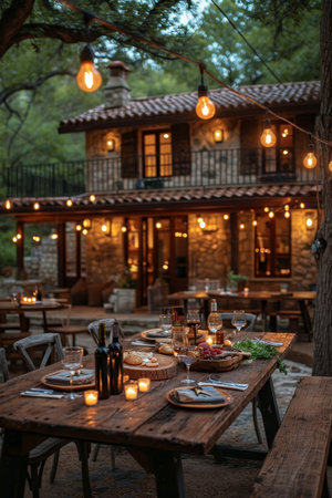 Luxury country house with evening lighting after sunset.の素材