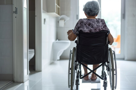 An elderly retired woman is sitting at home in a wheelchair.の素材