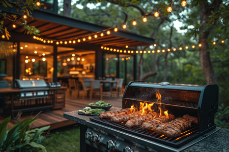 Luxury country house with evening lighting after sunset.の素材