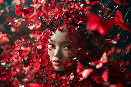Portrait of a girl in red butterflies. 3d illustration.の素材