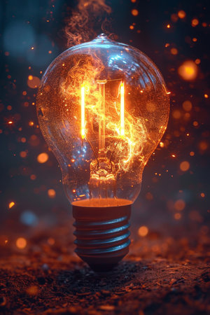 An ordinary incandescent light bulb stands on the ground and burns at night.の素材