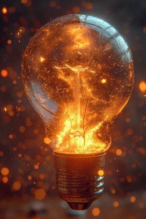 An ordinary incandescent light bulb stands on the ground and burns at night.の素材