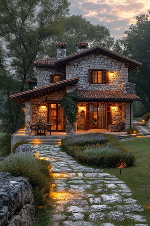 Luxury country house with evening lighting after sunset.の素材