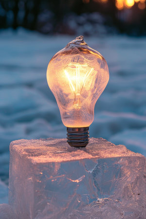 An ordinary incandescent light bulb stands outside in winter and burns.の素材