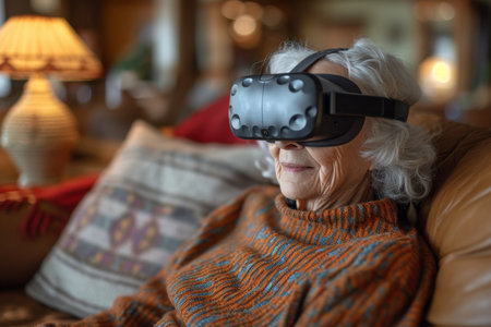An elderly woman wearing virtual reality glasses at home.の素材
