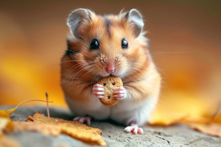 Hungry pet hamster eats cookies indoors.の素材