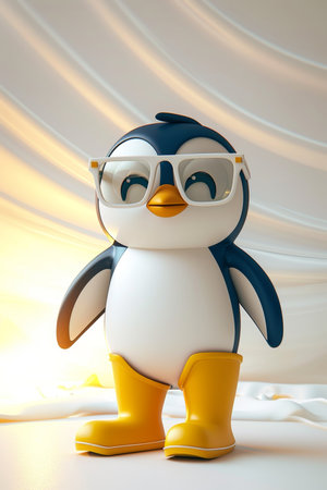 An animated penguin character in yellow boots. 3d illustration.の素材