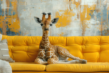 A giraffe is sitting on a yellow sofa interior. 3d illustration.の素材