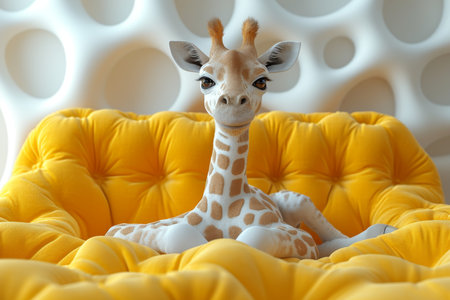 A giraffe is sitting on a yellow sofa interior. 3d illustration.の素材