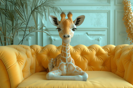 A giraffe is sitting on a yellow sofa interior. 3d illustration.の素材