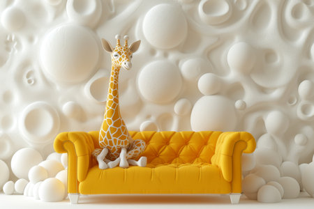 A giraffe is sitting on a yellow sofa interior. 3d illustration.の素材