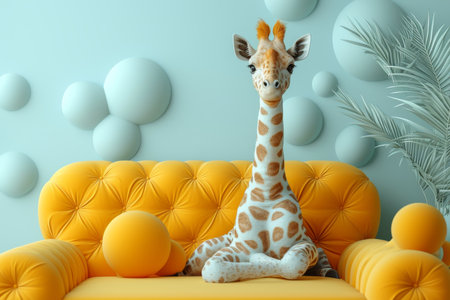 A giraffe is sitting on a yellow sofa interior. 3d illustration.の素材