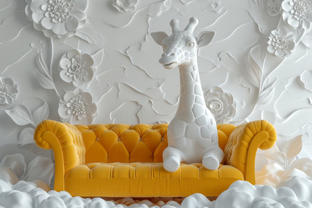 A giraffe is sitting on a yellow sofa interior. 3d illustration.の素材