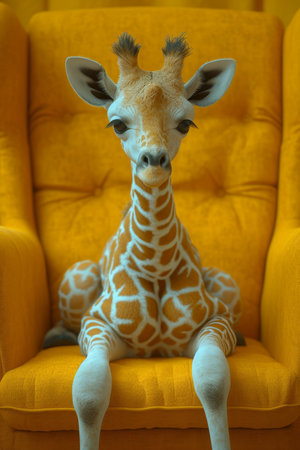 A giraffe is sitting on a yellow sofa interior. 3d illustration.の素材