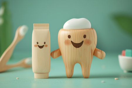Funny cartoon smiling figures. A set of organic oral care products with emoticons . The concept of environmental hygiene.の素材
