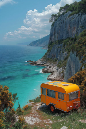 Camper on wheels on the ocean coast in a beautiful place. Wild camping by the sea.の素材