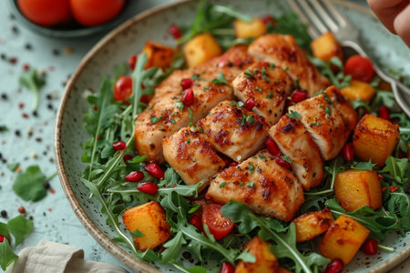 A special dish with meat and vegetables and porridge in a plate on the table.の素材