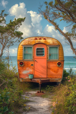 Camper on wheels on the ocean coast in a beautiful place. Wild camping by the sea.の素材